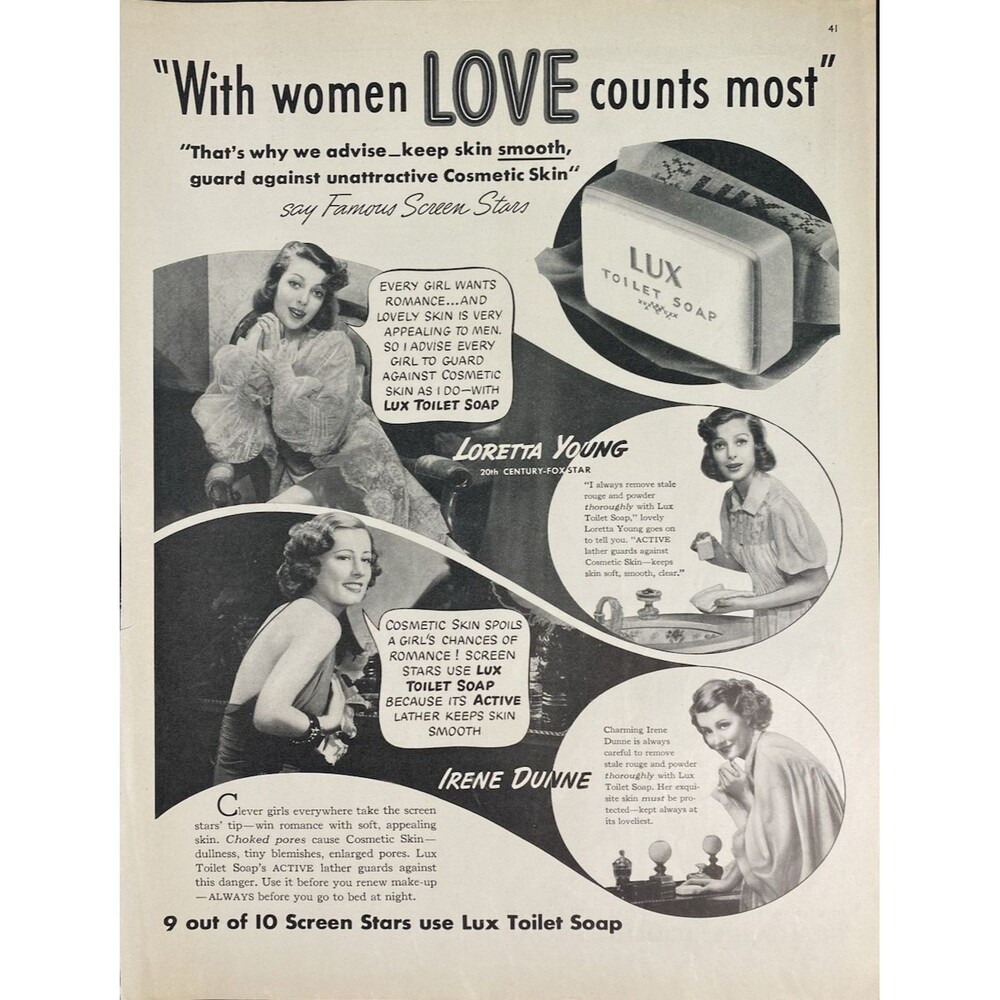LUX Toilet Soap Loretta Young & Irene Dunne "Recommend LUX" Vtg Print Ad 1938